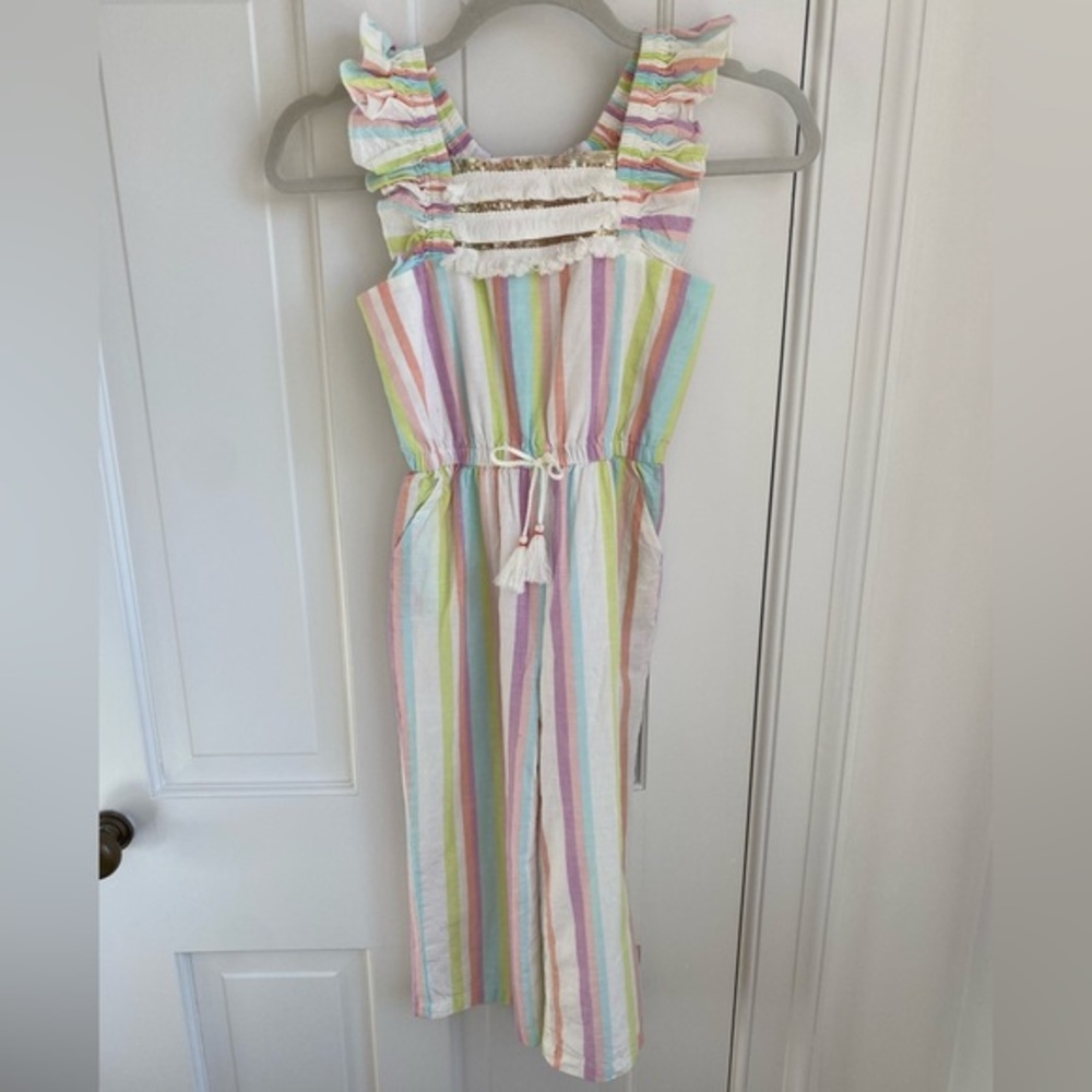 NWOT Girls Peek Flutter Strap Sequin Fringe Inset Stripe Gauze Coverall sz 6/7
